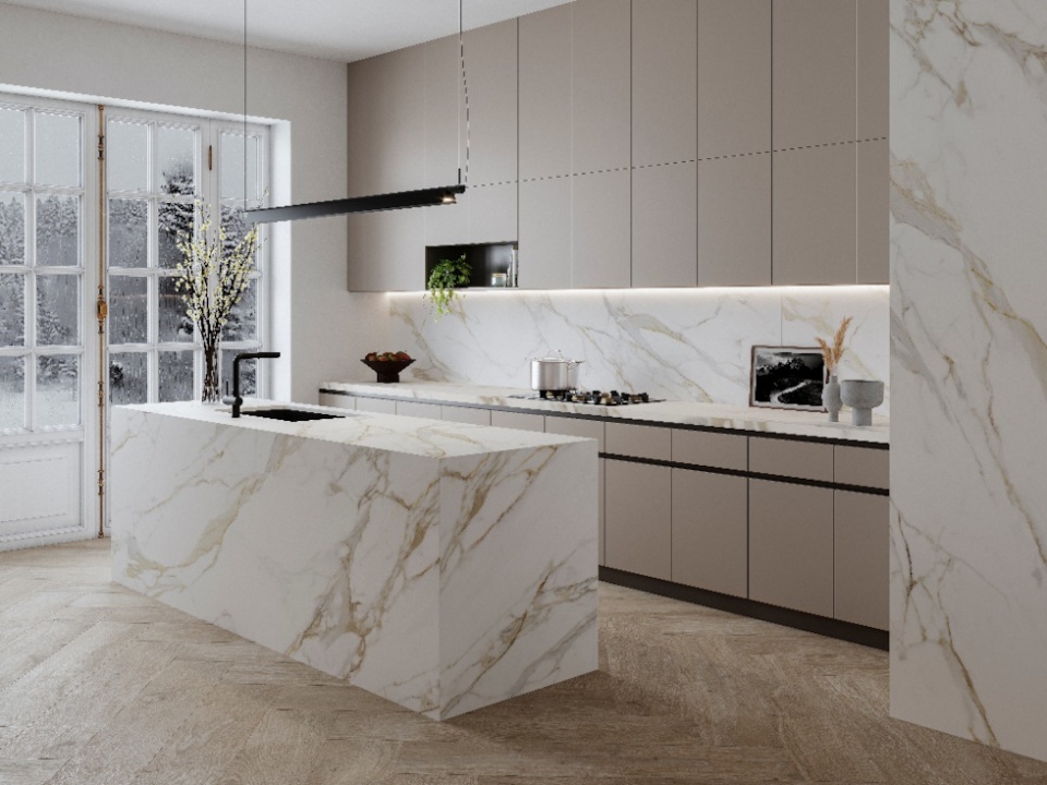 Neolith Calacatta Roma en isla de cocina, salpicadero y revestimiento.