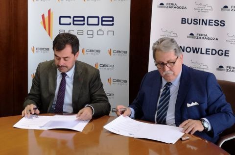 La firma del convenio de colaboración entre la Feria de Zaragoza y CEOE Aragón.