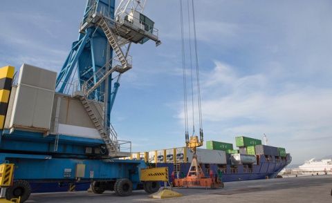 El barco portacontenedores operando en Azucenas.