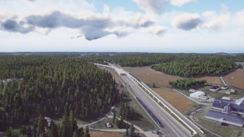 Render que muestra cómo quedará el ferrocarril en el trama entre Gerstaberg-Langsion (Imagen: Agencia sueca de Transporte Trafikverket)